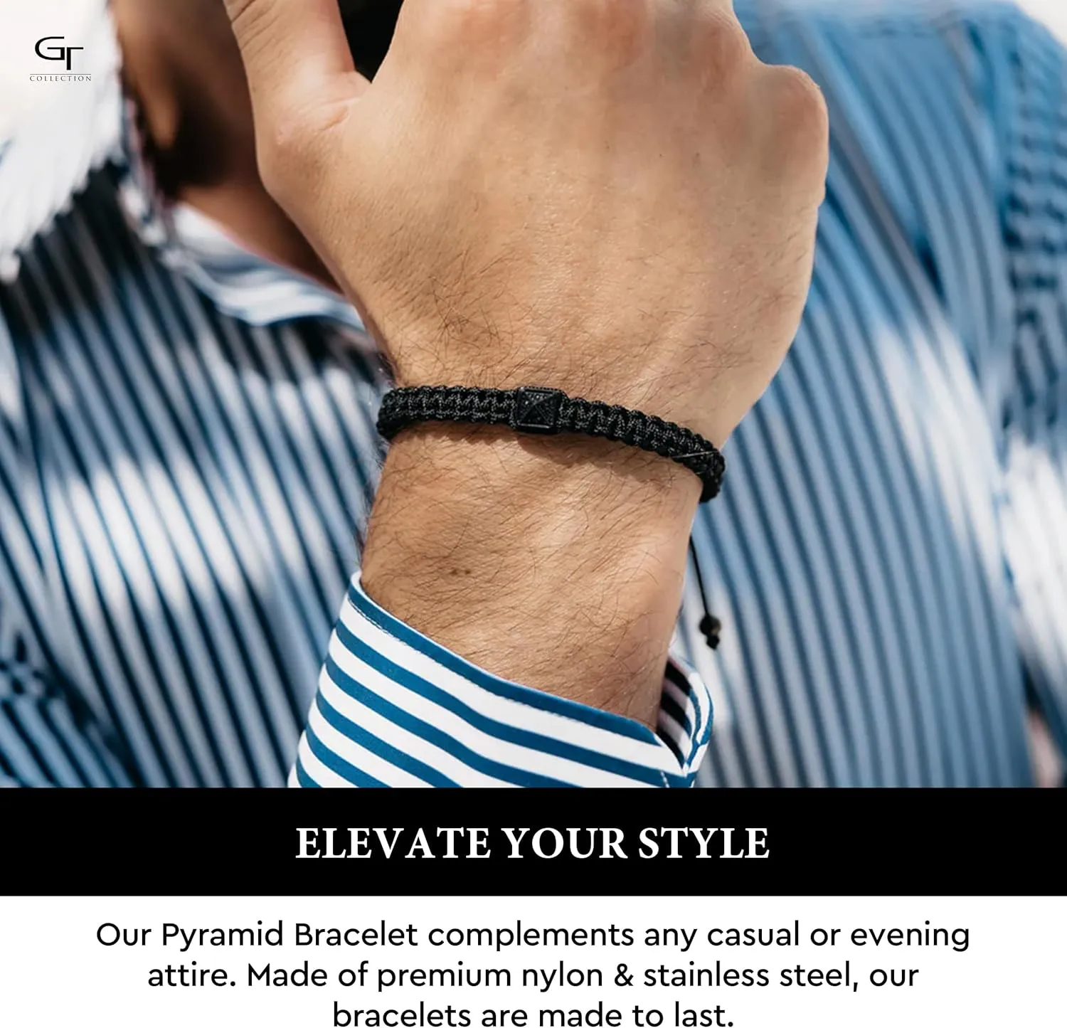 Men's Energy Bracelet with Black Pyramid Stainless Steel Bead, Adjustable Zircon Bracelet for Men