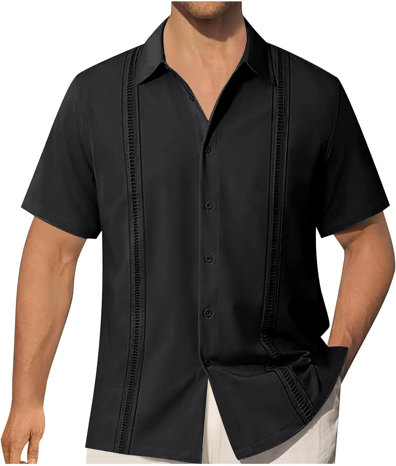 Mens Guayabera Shirts Linen Short Sleeve Button Down Beach Linen Top Casual Hawaiian Camp Mexican Tshirt for Summer