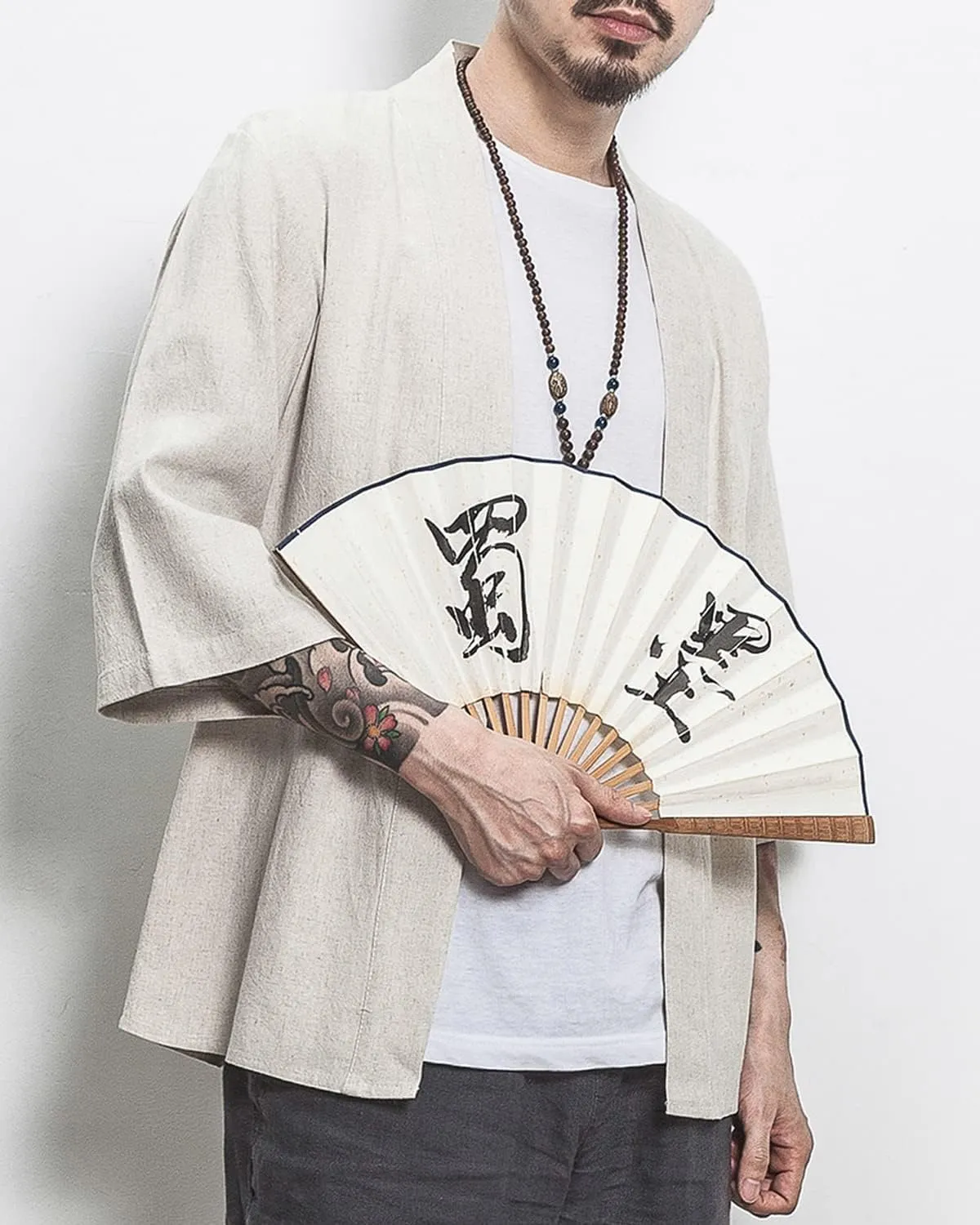 Men's Japanese Kimono Cardigan Loose Cotton Linen 3/4 Sleeve Open Front Casual Summer Shirt Jackets