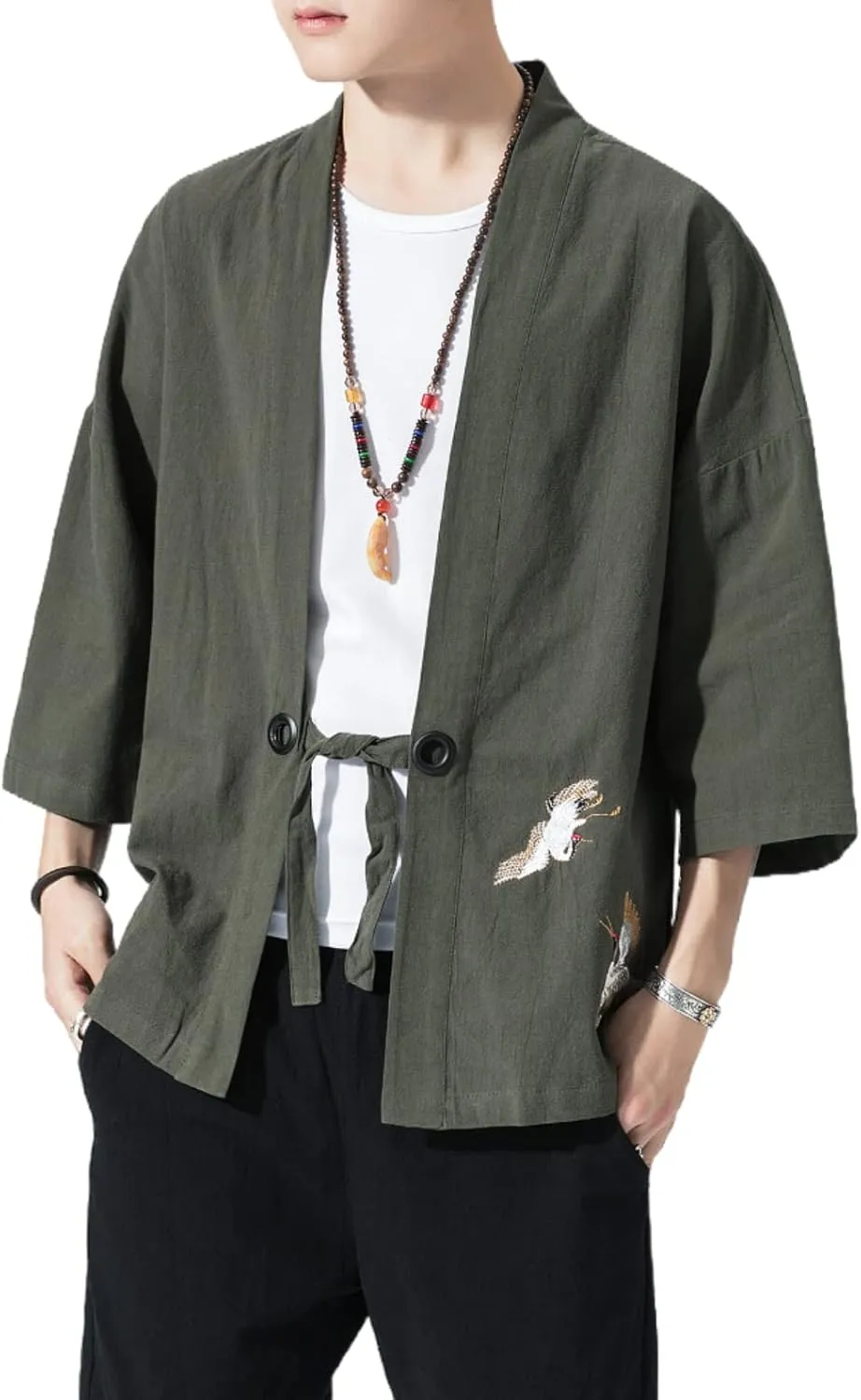 Men's Japanese Kimono Cardigan Loose Cotton Linen 3/4 Sleeve Open Front Casual Summer Shirt Jackets