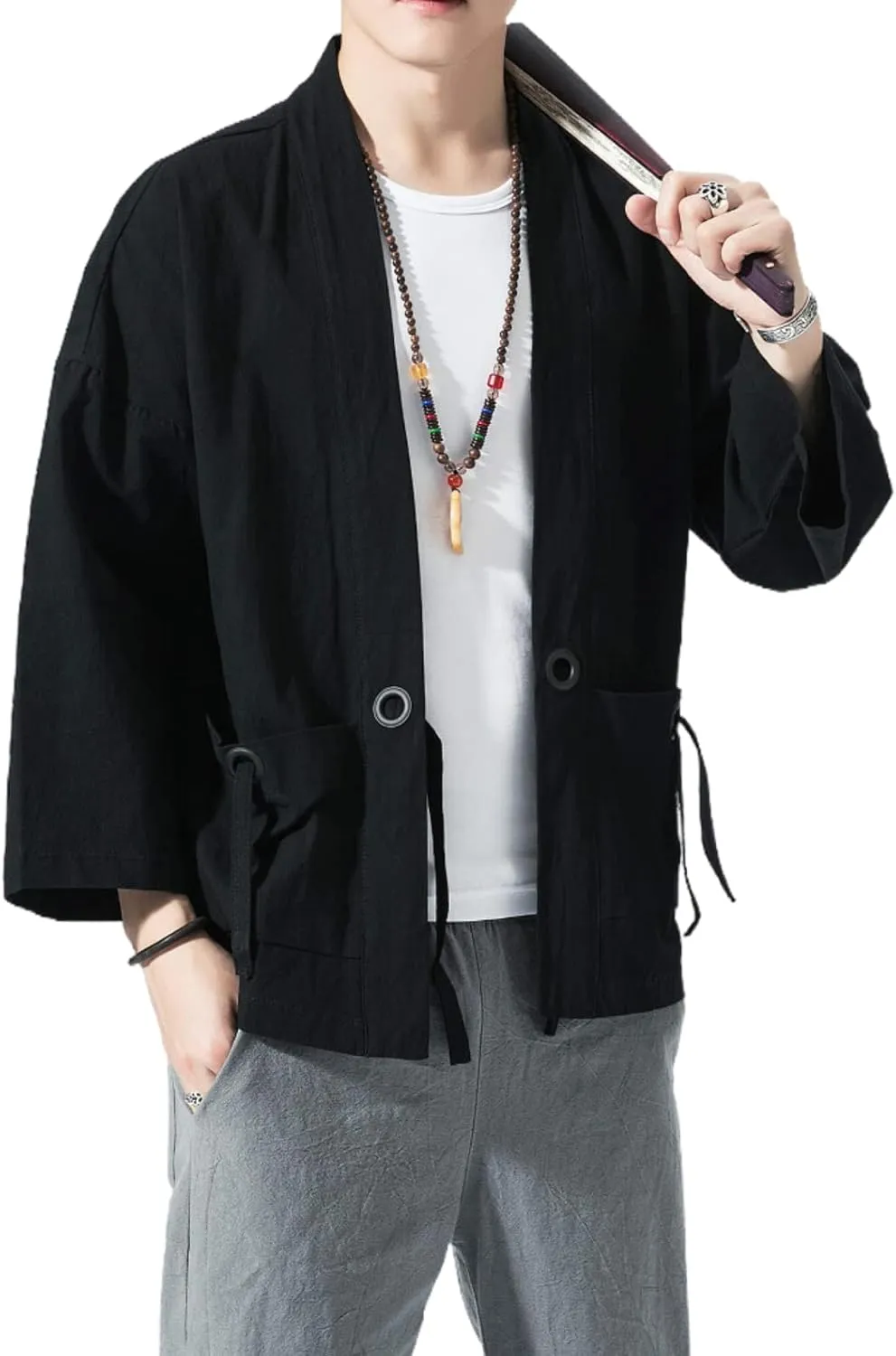 Men's Japanese Kimono Cardigan Loose Cotton Linen 3/4 Sleeve Open Front Casual Summer Shirt Jackets