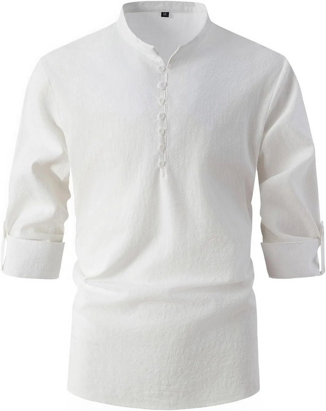 Men's Linen Long-Sleeve Henley Shirt Business Casual Stylish Slim-Fit Dress Shirts Lightweight Beach Button Up Shirts