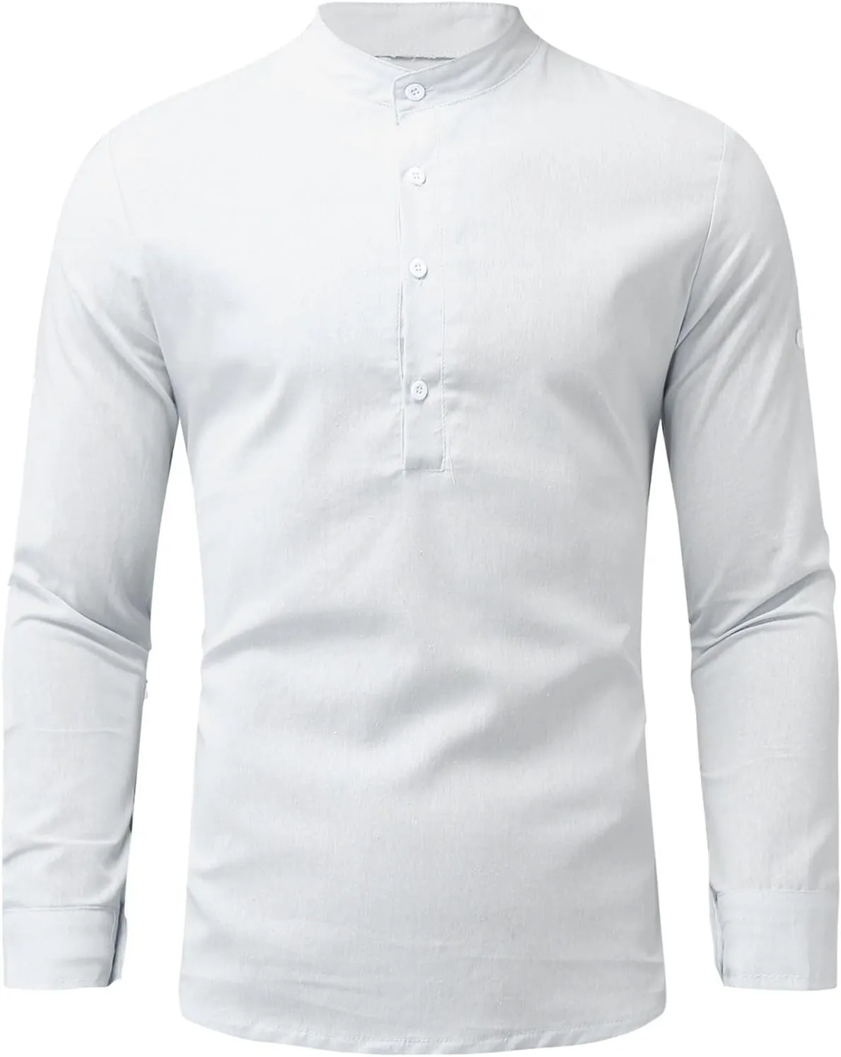 Mens Solid Color Cotton Linen Shirt Stand Collar Roll Long Sleeve Half Button Henley Shirts Combat Active Casual Travel Tops