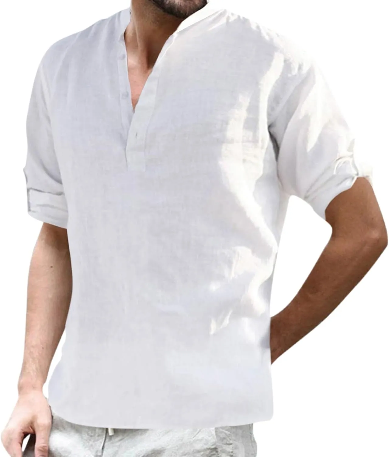 Mens Solid Color Cotton Linen Shirt Stand Collar Roll Long Sleeve Half Button Henley Shirts Combat Active Casual Travel Tops