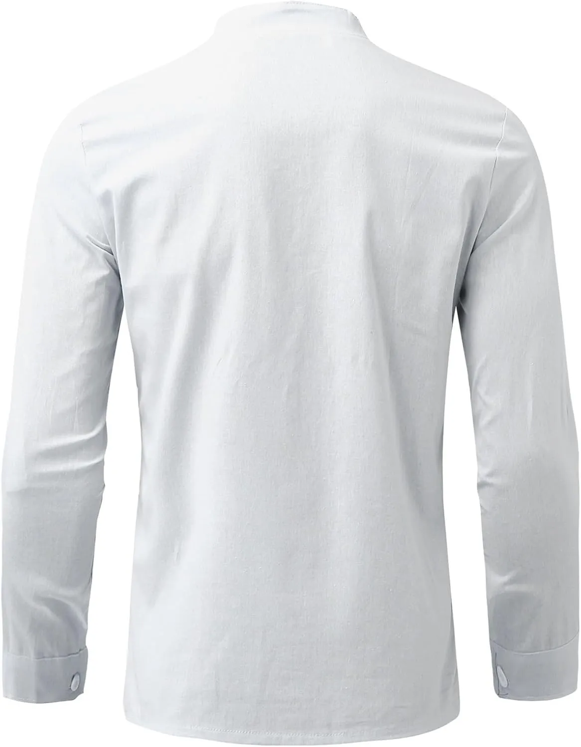 Mens Solid Color Cotton Linen Shirt Stand Collar Roll Long Sleeve Half Button Henley Shirts Combat Active Casual Travel Tops