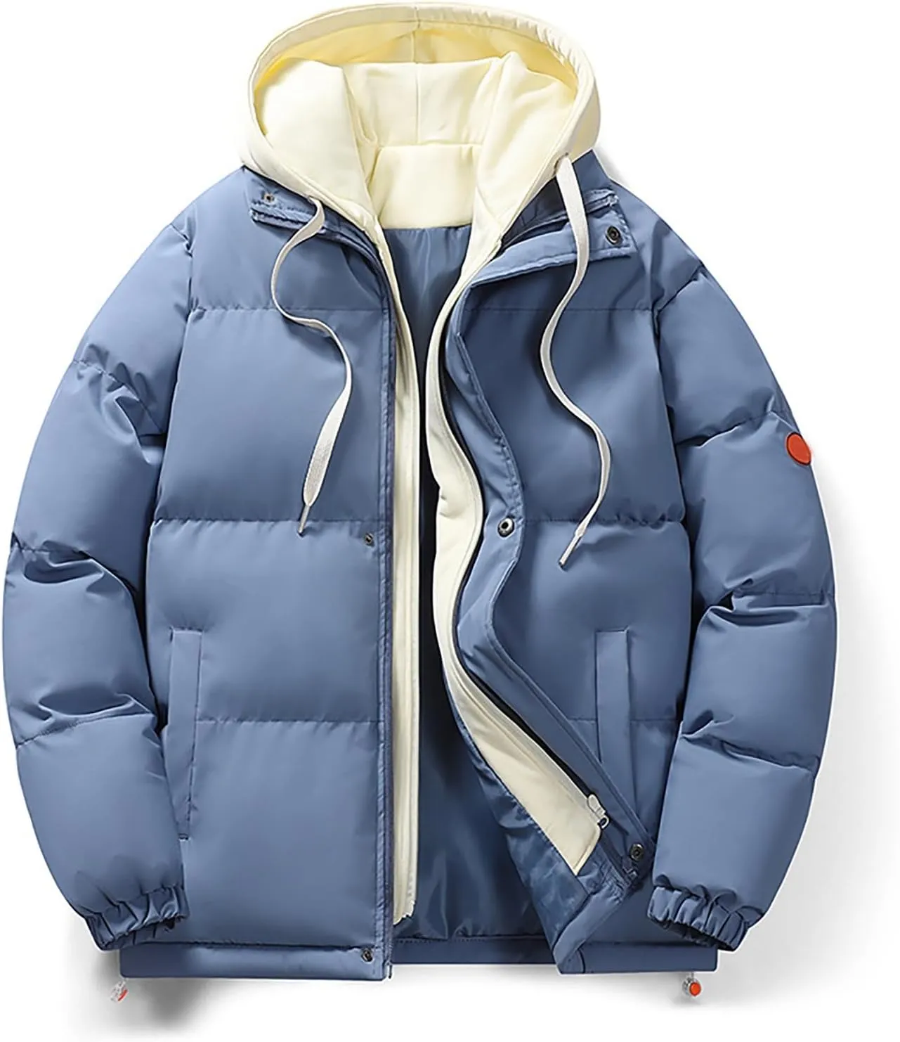 Mens Winter Thicken Puffer Jackets Long Sleeve Solid Full Zip Quilted Lined Down Bubble Coats Hooded Padded Jackets