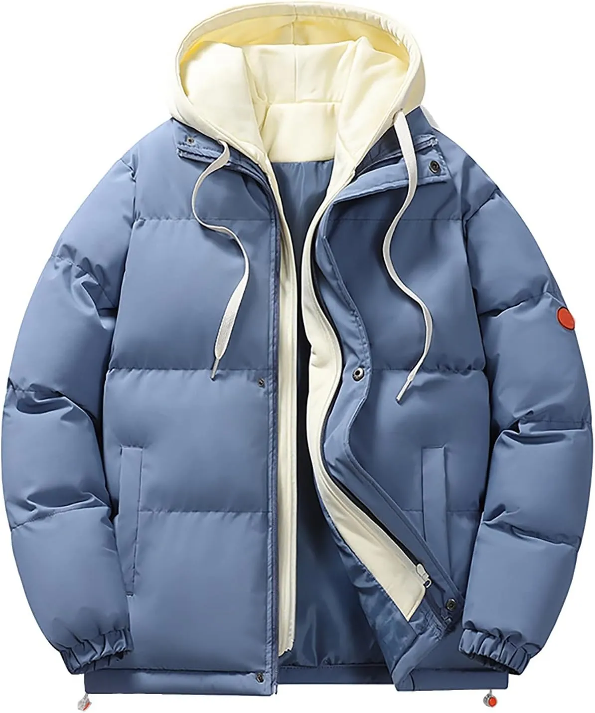 Mens Winter Thicken Puffer Jackets Long Sleeve Solid Full Zip Quilted Lined Down Bubble Coats Hooded Padded Jackets