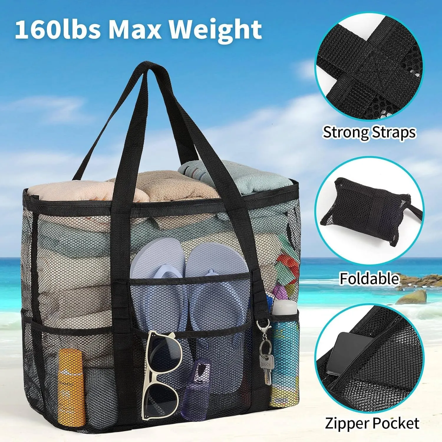 Mesh Beach Bag Vacation Essentials - Large Tote Pool Bag for Women Vacation Essentials Beach Accessories