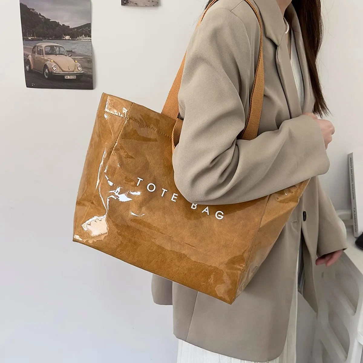 MINGRI Large Tote Bags for Women PVC Clear Totes Bag Plastic Carry All Bag Kraft Paper Shoulder Handbag Hobo for Work Travel