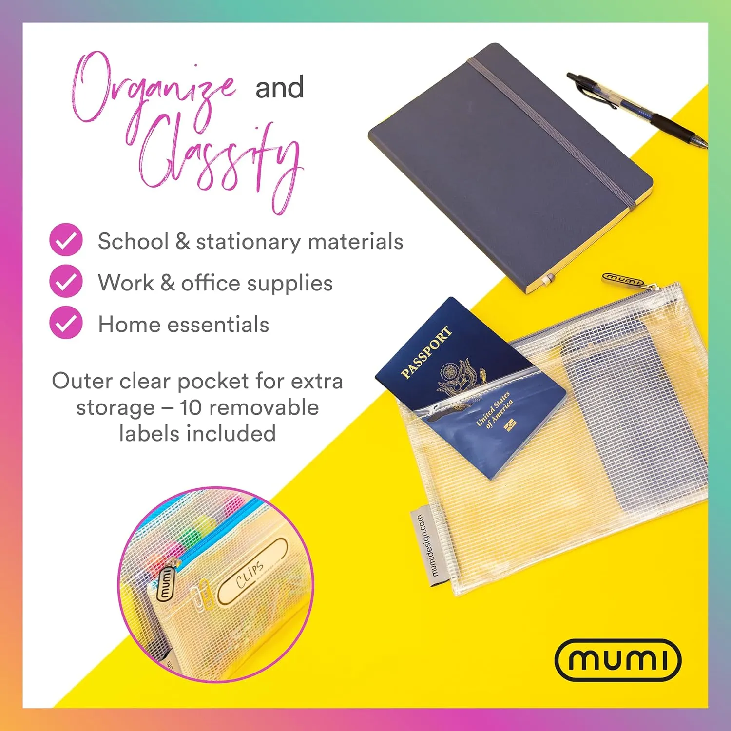 MUMI 5 Multi-Size Organizing Bags  Clear Zipper Pouches for Organizing, Storage & Travel with 10 Removable Labels  Reusable Waterproof Mesh Zipper Pouch Set, Plastic Zip Bags for Supplies (Black)