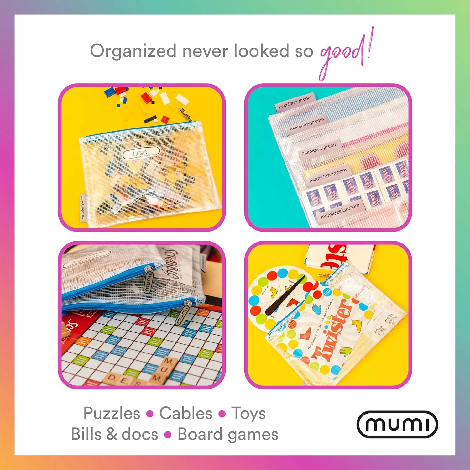 MUMI 5 Multi-Size Organizing Bags  Clear Zipper Pouches for Organizing, Storage & Travel with 10 Removable Labels  Reusable Waterproof Mesh Zipper Pouch Set, Plastic Zip Bags for Supplies (Black)