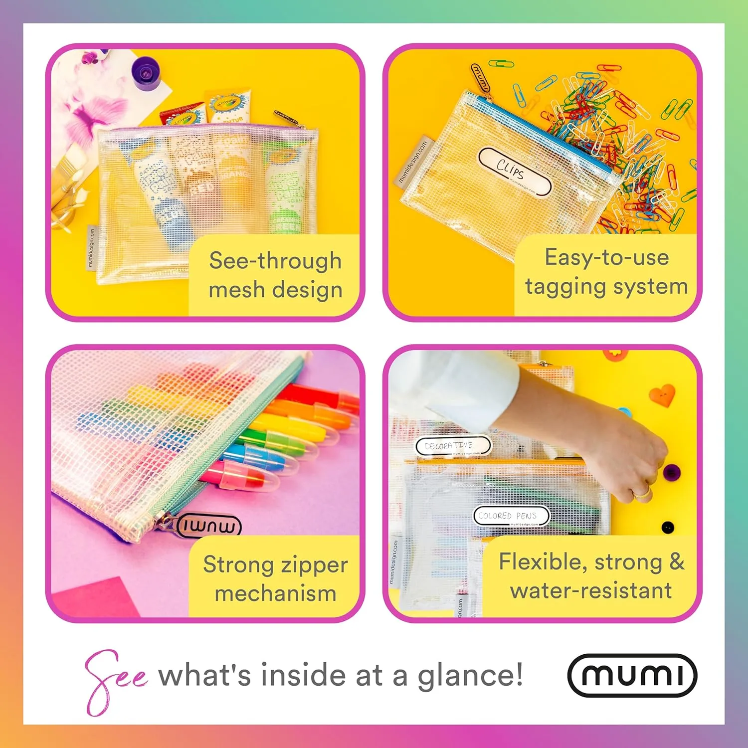 MUMI 5 Multi-Size Organizing Bags  Clear Zipper Pouches for Organizing, Storage & Travel with 10 Removable Labels  Reusable Waterproof Mesh Zipper Pouch Set, Plastic Zip Bags for Supplies (Black)