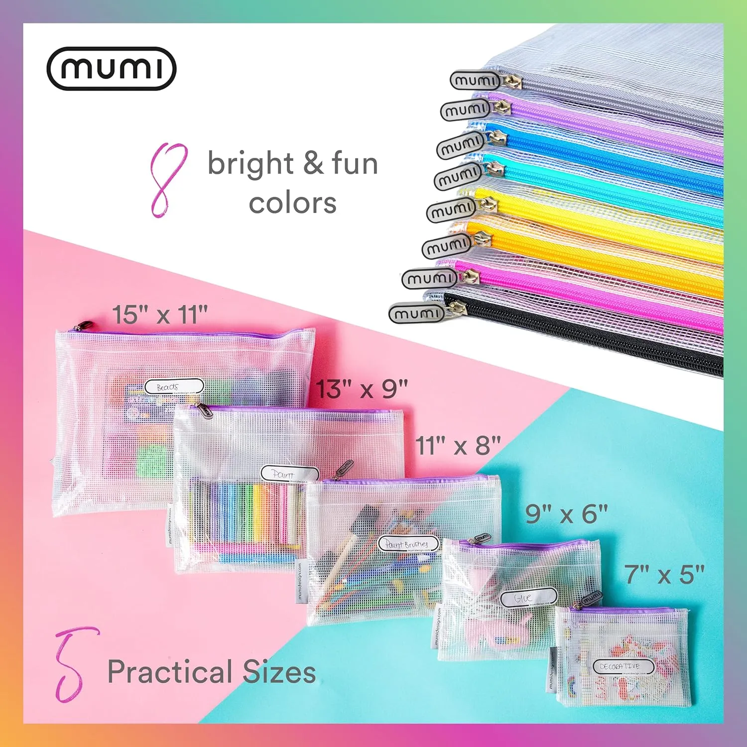 MUMI 5 Multi-Size Organizing Bags  Clear Zipper Pouches for Organizing, Storage & Travel with 10 Removable Labels  Reusable Waterproof Mesh Zipper Pouch Set, Plastic Zip Bags for Supplies (Black)