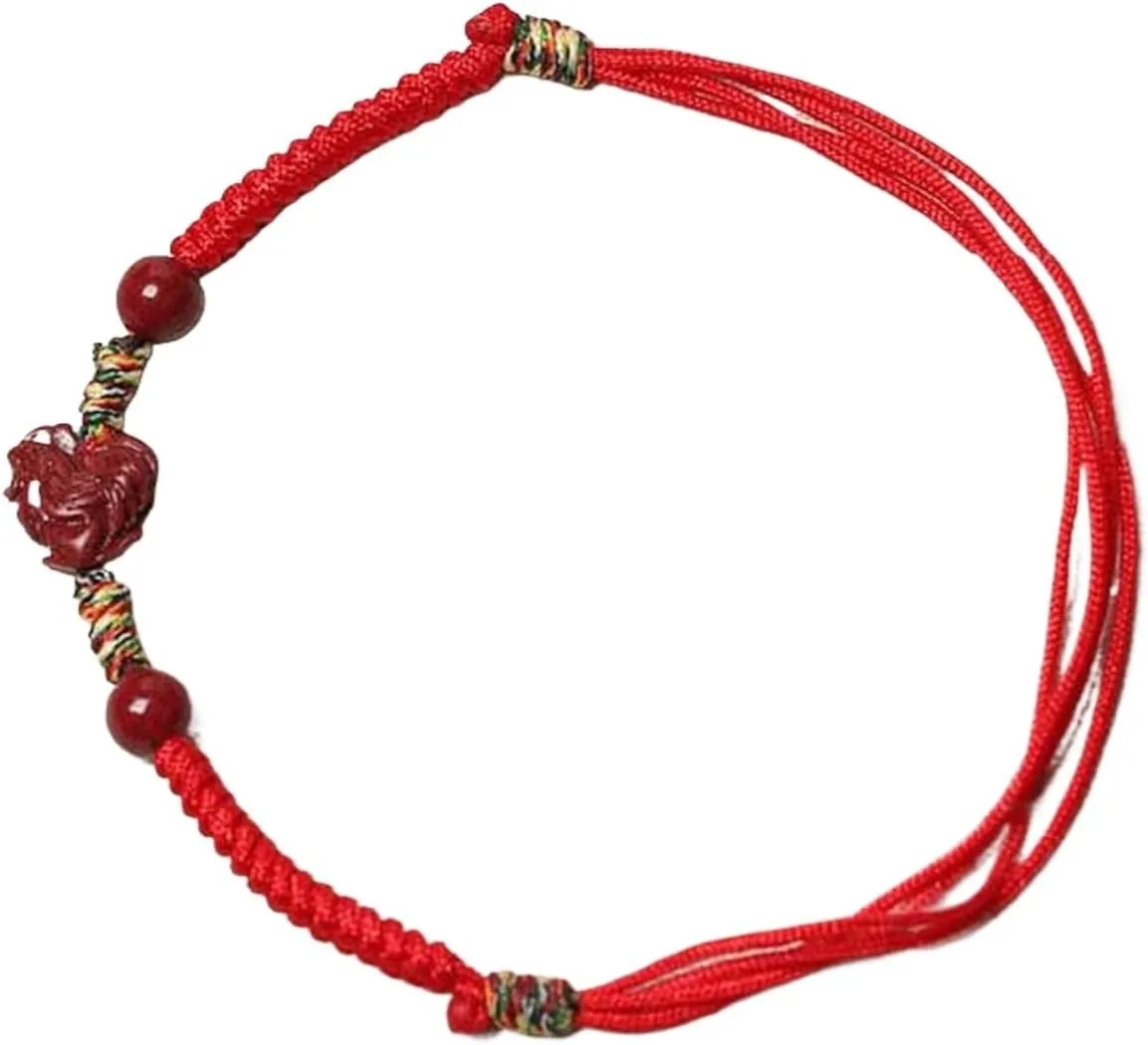 Natural Gemstone Bracelet, Cinnabar Lucky Zodiac Animal Charm Handmade Woven Rope Braided Red String Attract Romantic Relationship Money Prosperity Luck,Anklet,Rabbit