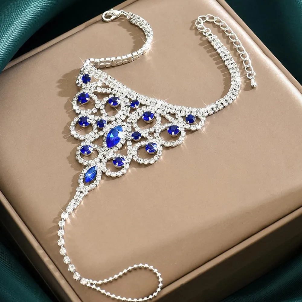 Octwine Boho Summer Beach Red Green Rhinestone Foot Chain with Toe Ring Blue Rhinestones Crystal Anklets Wedding Bridal Rhinestone Foot Chain Anklet for Women 1Pcs