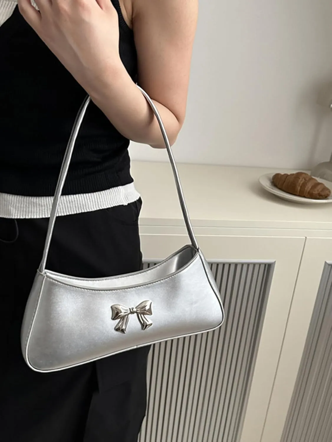 OYOANGLE Women's Bow Knot Zipper Shoulder Handbags Top Handle Tote Bag Underarm Bags Clutch Purses