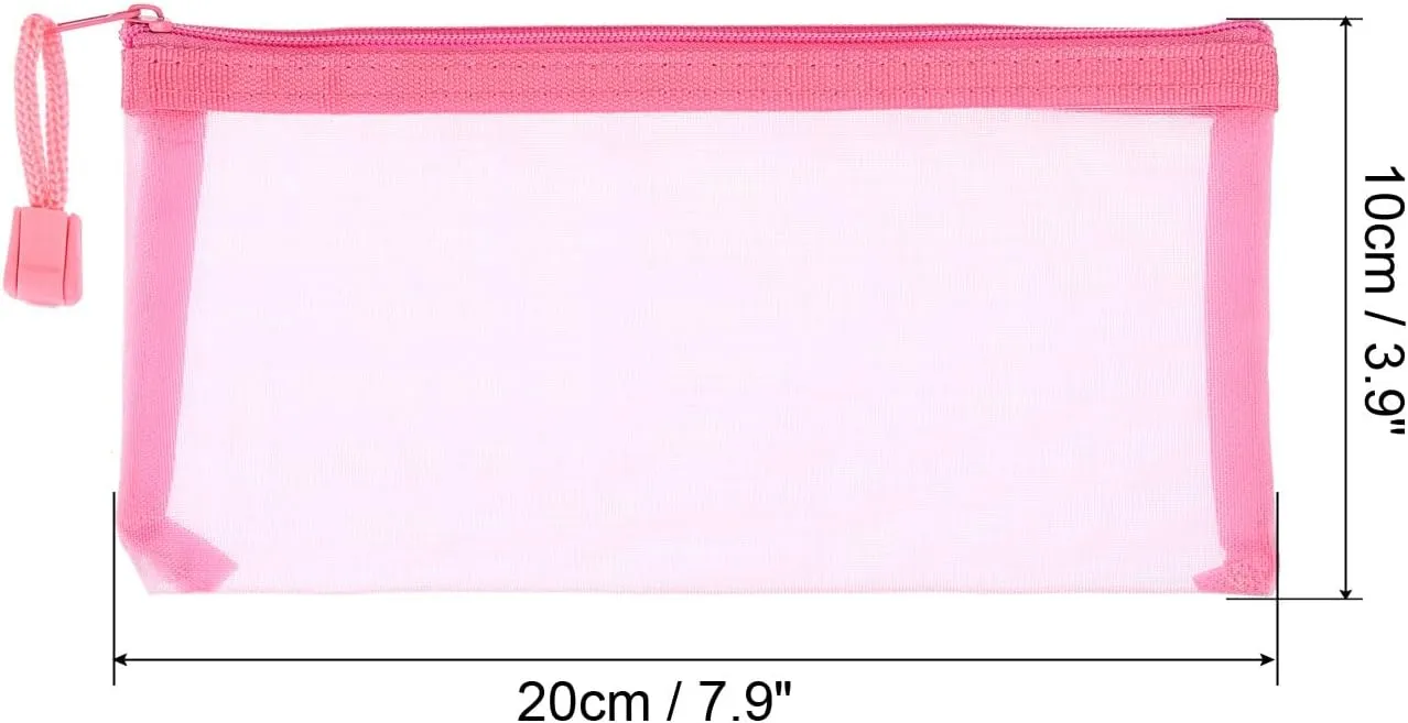 PATIKIL Mesh Zipper Bags, 4 Pack Nylon A6 Size Pen Pencil Travel Cases Toiletry Cosmetic Makeup Pouches Zipper Files Purse Organizer for Office, Pink