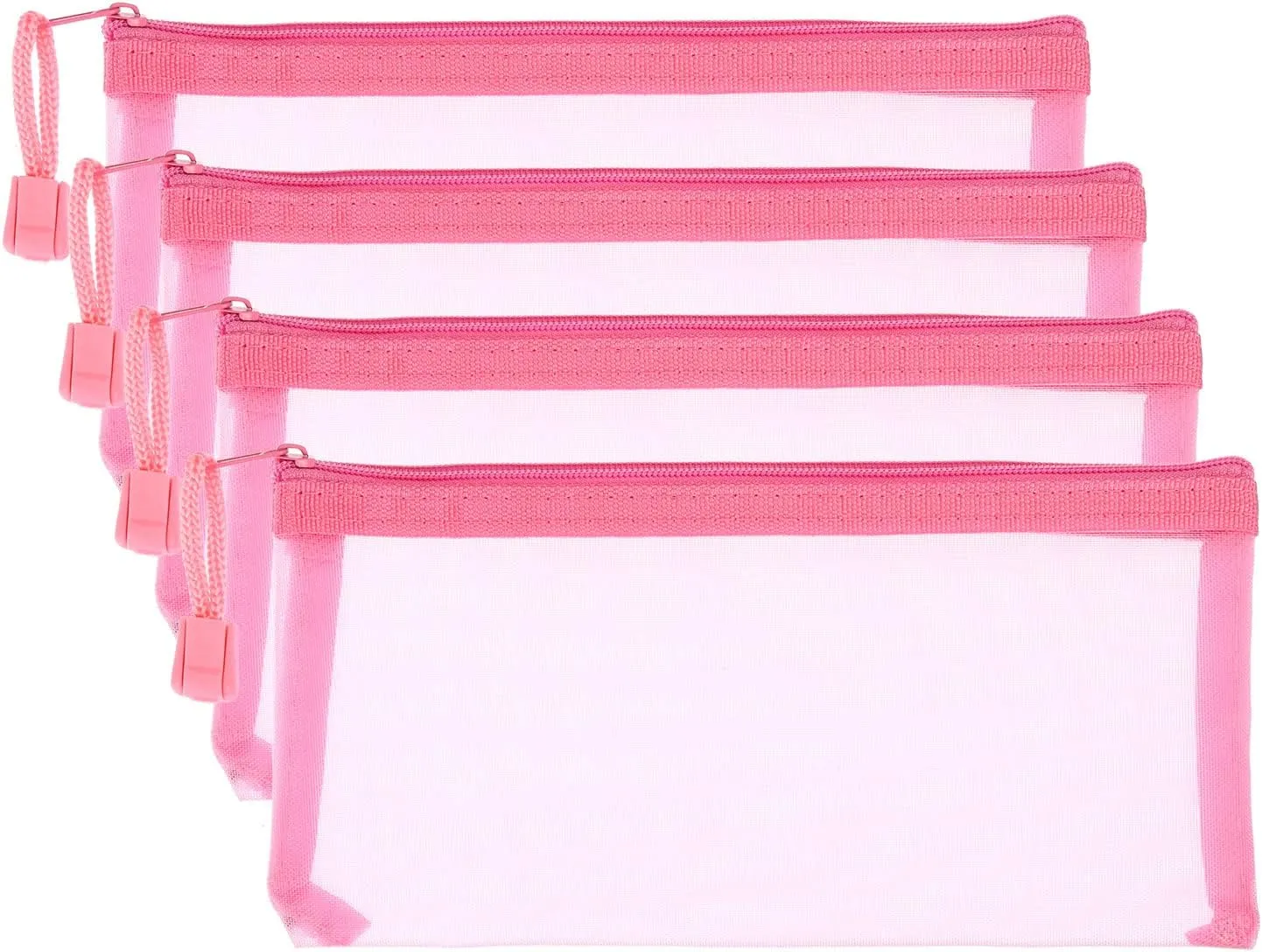 PATIKIL Mesh Zipper Bags, 4 Pack Nylon A6 Size Pen Pencil Travel Cases Toiletry Cosmetic Makeup Pouches Zipper Files Purse Organizer for Office, Pink