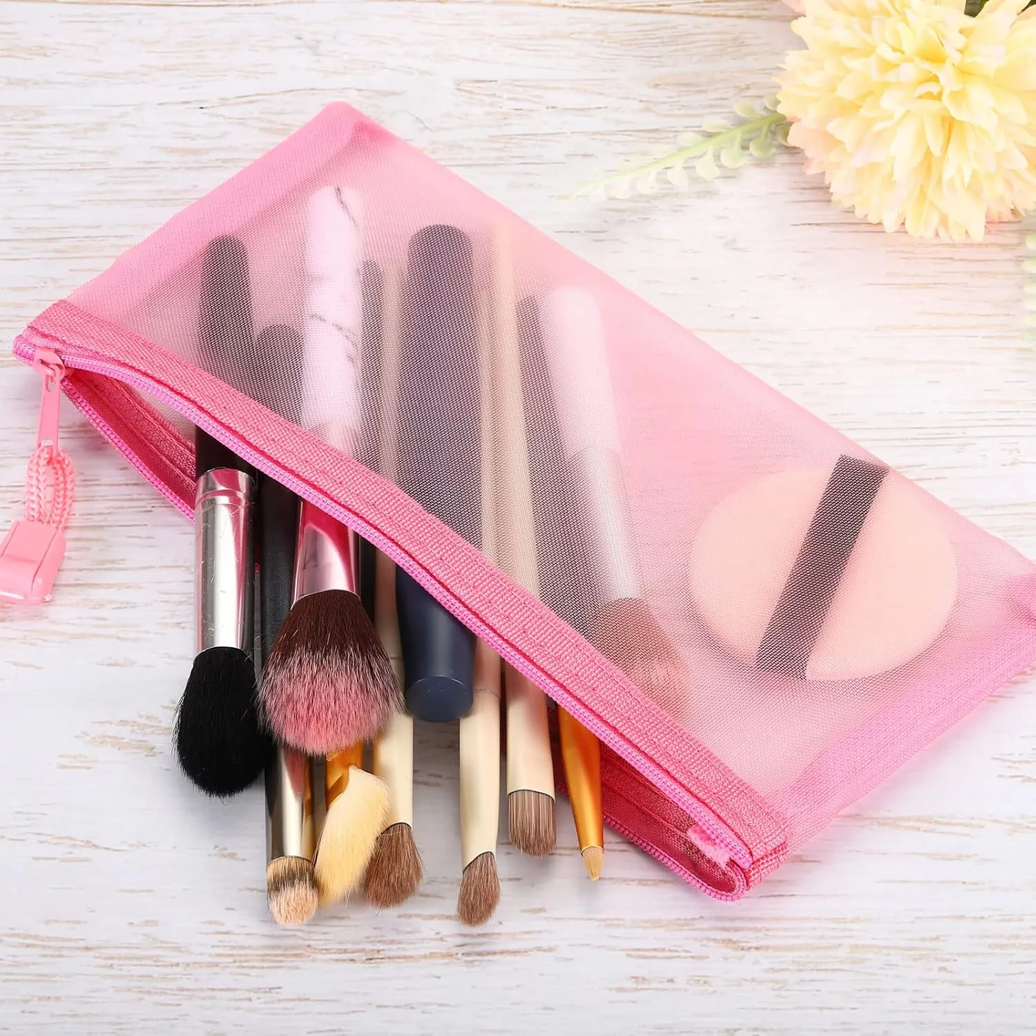 PATIKIL Mesh Zipper Bags, 4 Pack Nylon A6 Size Pen Pencil Travel Cases Toiletry Cosmetic Makeup Pouches Zipper Files Purse Organizer for Office, Pink