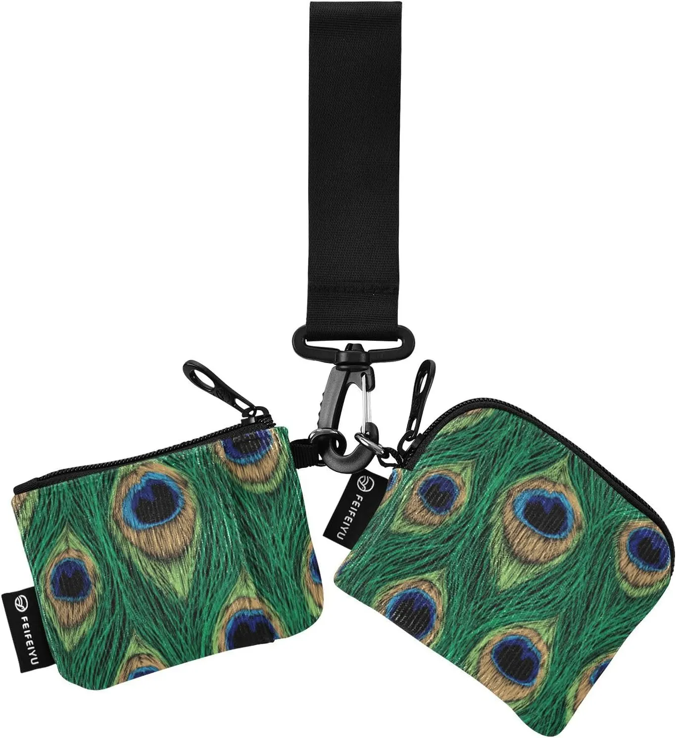 Peacock Feather Wristlet Keychain Wallets for Women Portable Small Coin Purse
