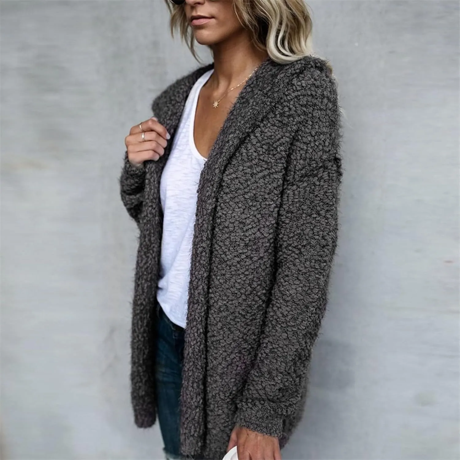 PeQAQ Women's 2023 Winter Coats Fuzzy Fleece Long Hooded Jackets Plus Size Soft Warm Shaggy Outwear Open Front Cardigan