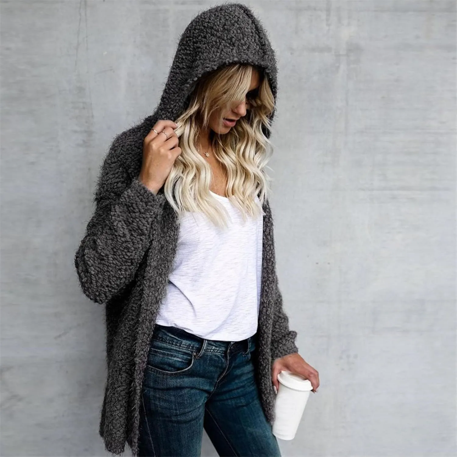 PeQAQ Women's 2023 Winter Coats Fuzzy Fleece Long Hooded Jackets Plus Size Soft Warm Shaggy Outwear Open Front Cardigan