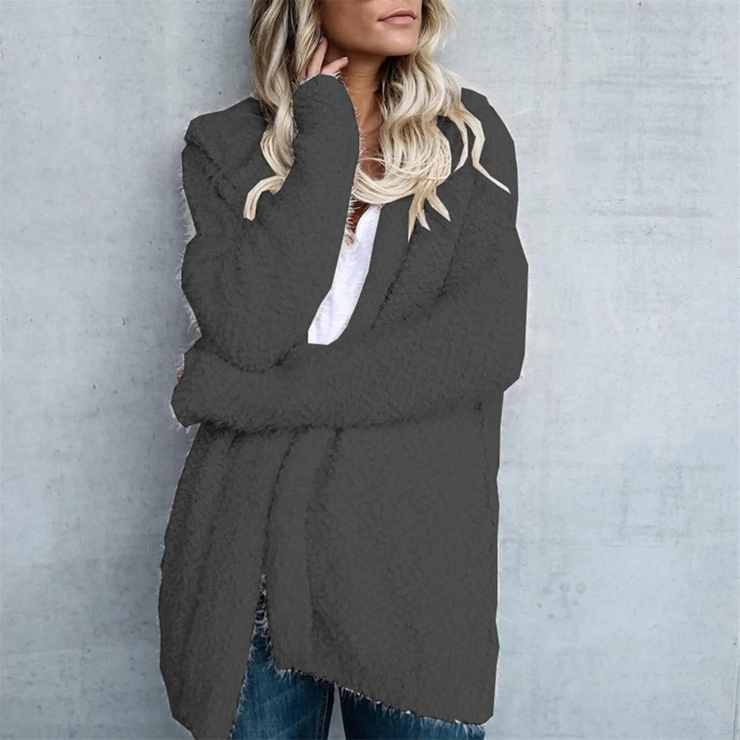 PeQAQ Women's 2023 Winter Coats Fuzzy Fleece Long Hooded Jackets Plus Size Soft Warm Shaggy Outwear Open Front Cardigan