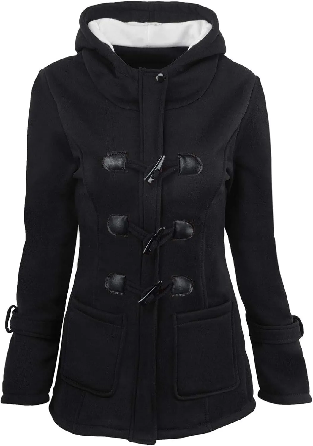 PeQAQ Womens Winter Warm Coats Fashion Horn Button Fleece Thicken Hooded Jacket Trendy Casual Slim Trench Coat Overcoat