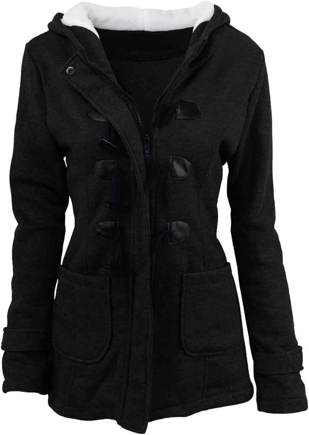 PeQAQ Womens Winter Warm Coats Fashion Horn Button Fleece Thicken Hooded Jacket Trendy Casual Slim Trench Coat Overcoat