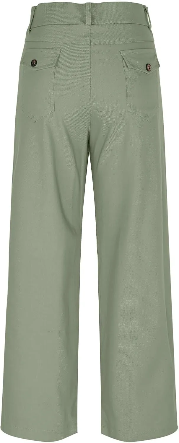Petite Denim Pants for Women High Waist 70s Vintage Wide Leg Capris Pants Summer Paperbag Work Cargo Twill Trousers