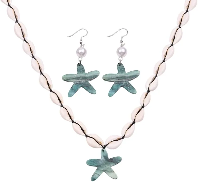 Pingyongchang Boho Braided Rattan Seashell Pendant Necklace Earrings for Women Handmade Choker Hawaiian Starfish Wovening Hanging Multilayer Long Chain Birthday Friendship Waterproof Beach Jewelry Set
