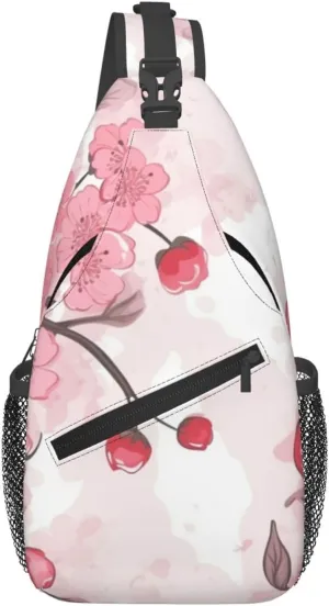Pink Cherry Floral Sling Backpack Cross Chest Bag Travel Crossbody Bags for Men Women Fashion Daypack