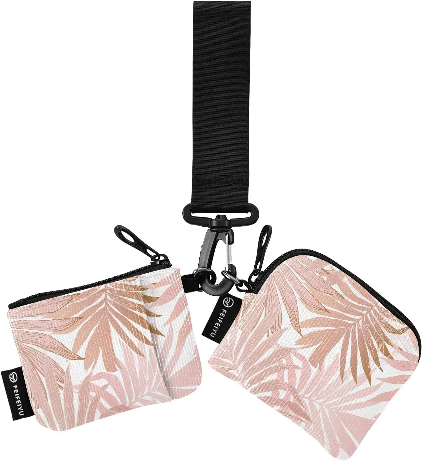 Pink Rose Tropical Leaves Wristlet Keychain Wallets for Women Portable Small Coin Purses
