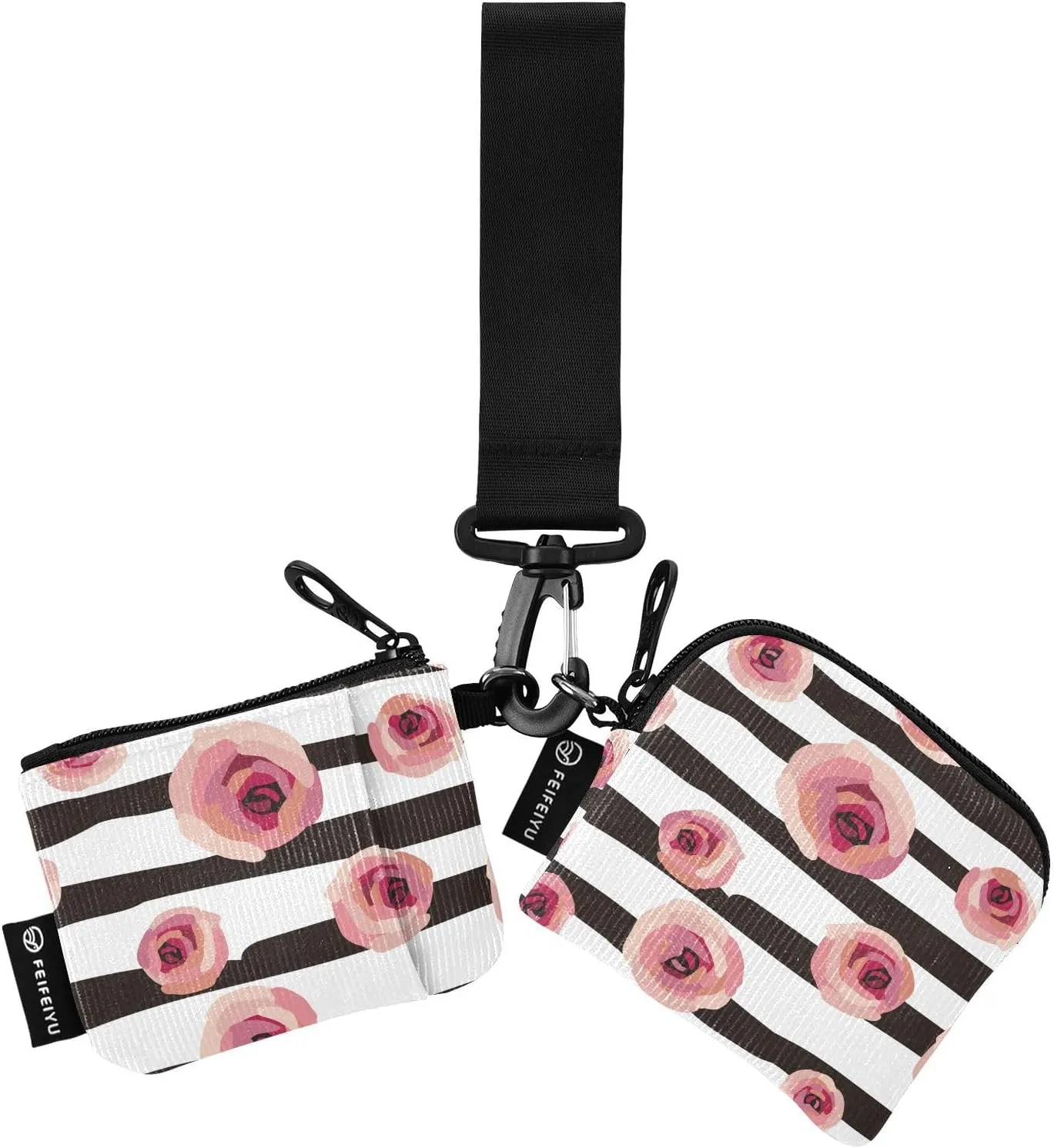 Pink Roses Seamless Black Stripes Wristlet Keychain Wallets for Women Portable Small Coin Purse