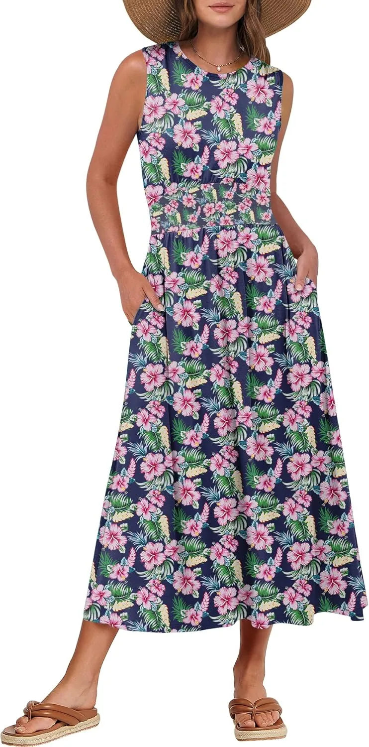 Prinbara Summer Maxi Dresses for Women 2025 Casual Sleeveless Boho Midi Dress Spring Beach Vacation Travel Long Sundress