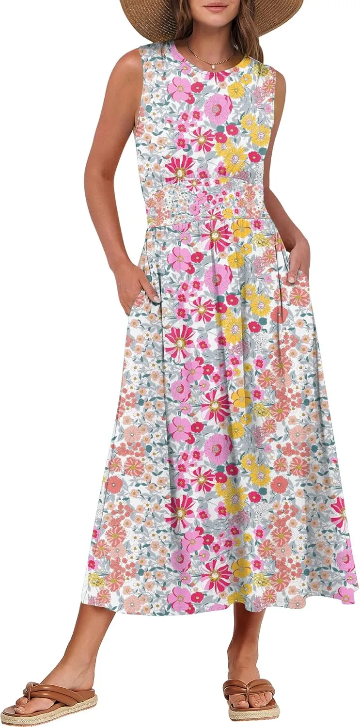 Prinbara Summer Maxi Dresses for Women 2025 Casual Sleeveless Boho Midi Dress Spring Beach Vacation Travel Long Sundress