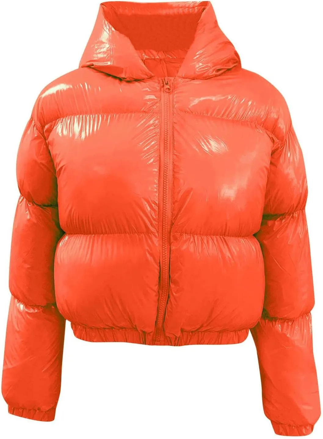 Puffer Jacket for Women Long Sleeve Y2K Full Zip Up Plain Shiny Short Hooded Down Coat Trendy Windproof Dowm Jacket Stand-up