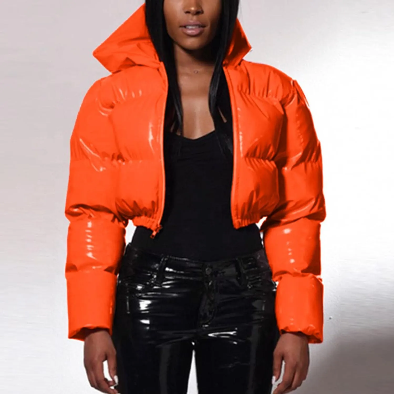 Puffer Jacket for Women Long Sleeve Y2K Full Zip Up Plain Shiny Short Hooded Down Coat Trendy Windproof Dowm Jacket Stand-up
