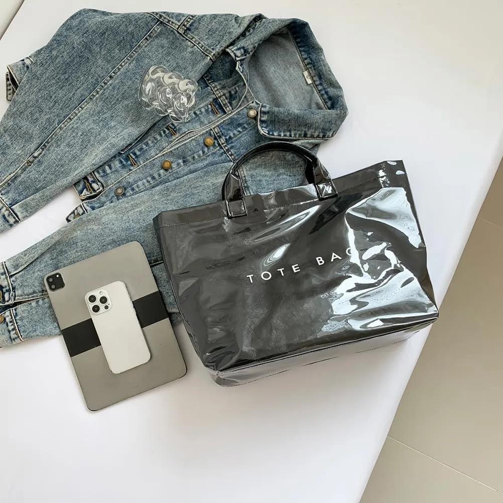 PVC Tote Bag for Women Large Letters Print Handbag Plastic Clear Tote Bag Kraft Paper Handbag