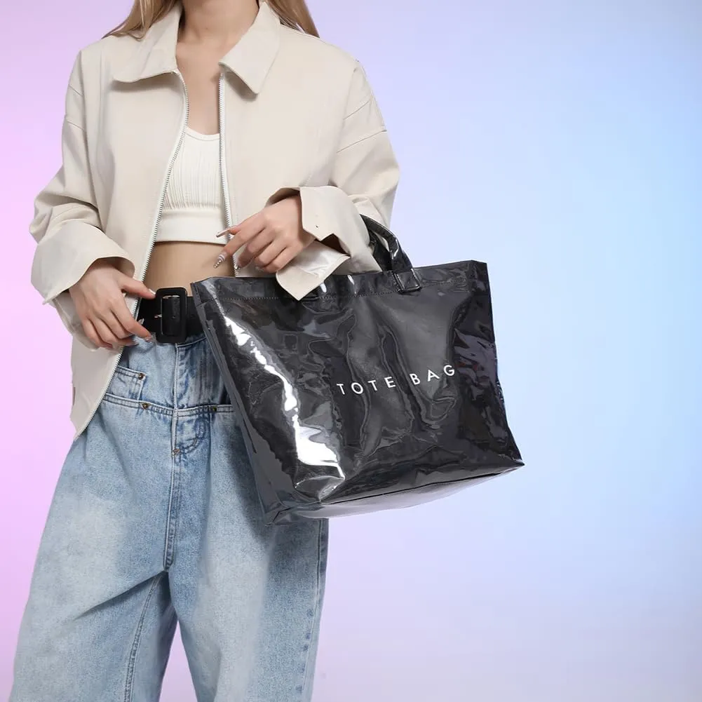PVC Tote Bag for Women Large Letters Print Handbag Plastic Clear Tote Bag Kraft Paper Handbag