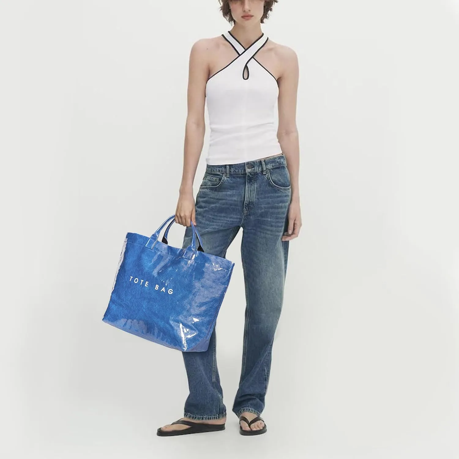 PVC Tote Bag for Women Large Letters Print Handbag Plastic Clear Tote Bag Kraft Paper Handbag