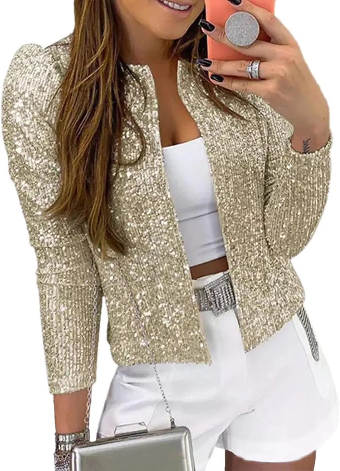 qfmqkpi Womens Sparkly Sequin Open Front Blazer Coat Puff Long Sleeve Crop Jacket