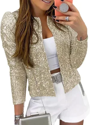 qfmqkpi Womens Sparkly Sequin Open Front Blazer Coat Puff Long Sleeve Crop Jacket