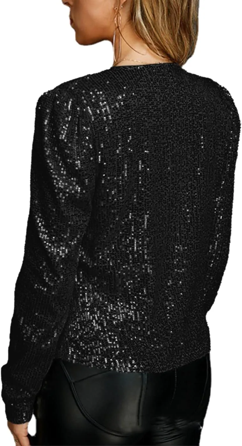 qfmqkpi Womens Sparkly Sequin Open Front Blazer Coat Puff Long Sleeve Crop Jacket