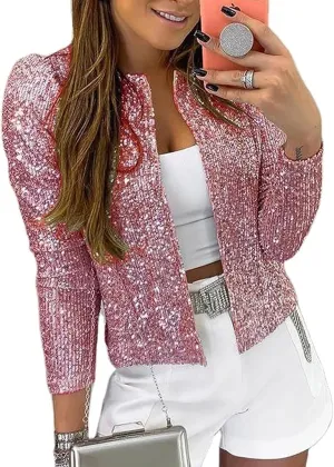 qfmqkpi Womens Sparkly Sequin Open Front Blazer Coat Puff Long Sleeve Crop Jacket