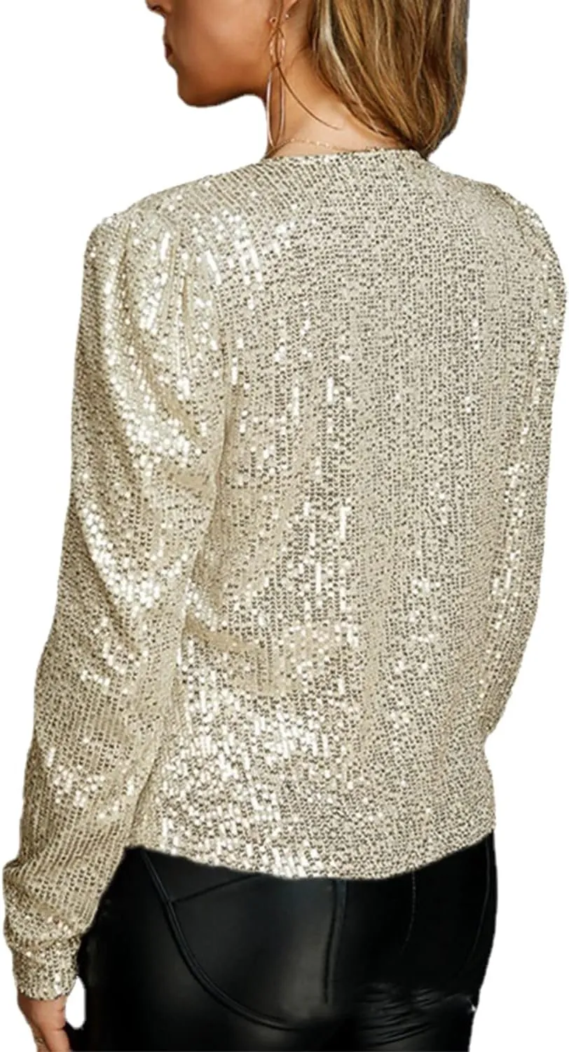 qfmqkpi Womens Sparkly Sequin Open Front Blazer Coat Puff Long Sleeve Crop Jacket