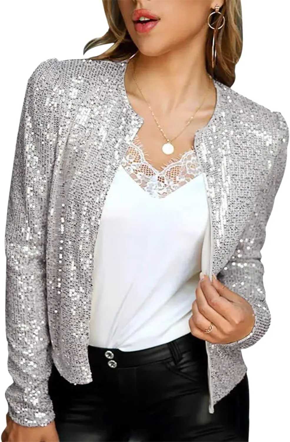qfmqkpi Womens Sparkly Sequin Open Front Blazer Coat Puff Long Sleeve Crop Jacket