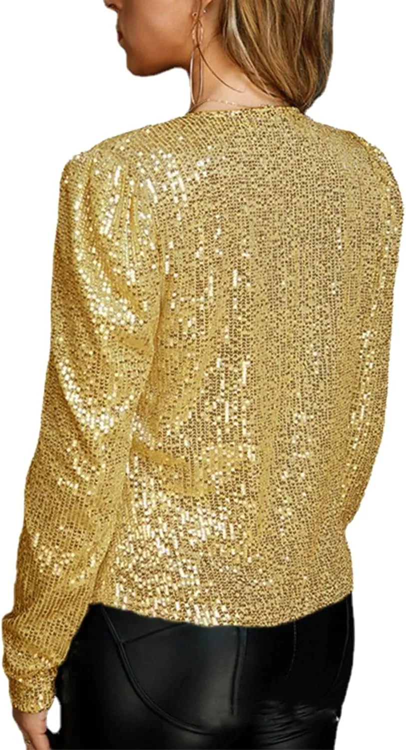 qfmqkpi Womens Sparkly Sequin Open Front Blazer Coat Puff Long Sleeve Crop Jacket
