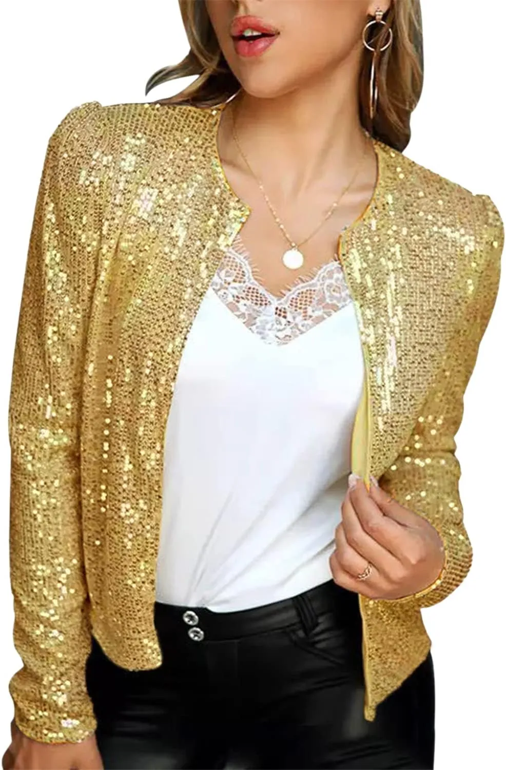qfmqkpi Womens Sparkly Sequin Open Front Blazer Coat Puff Long Sleeve Crop Jacket