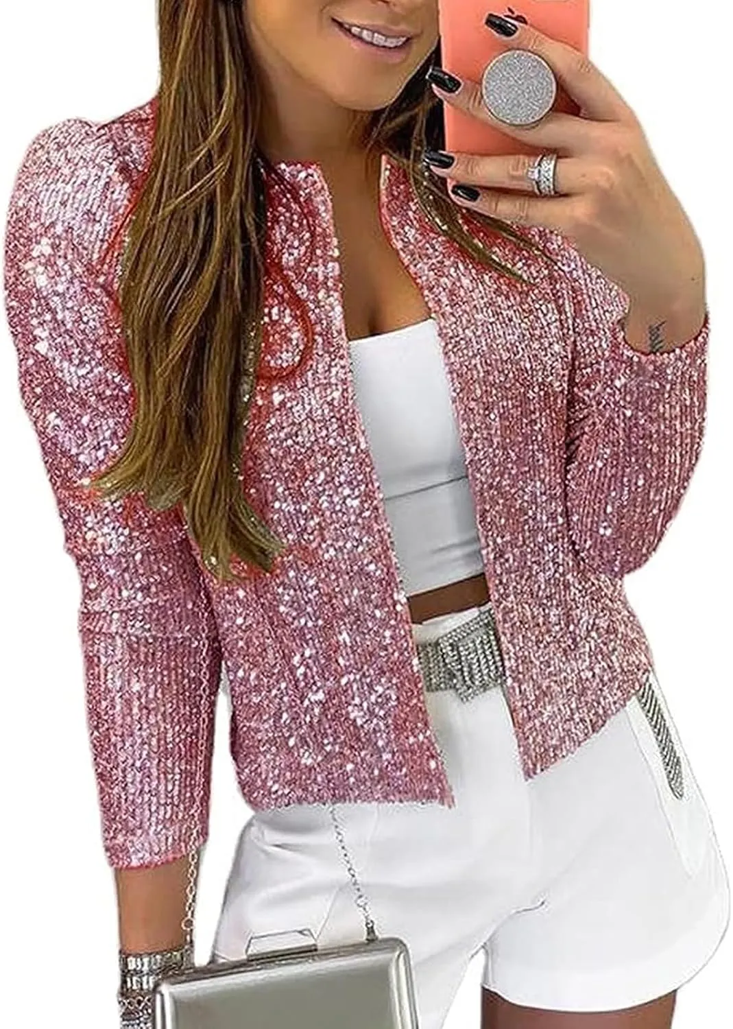 qfmqkpi Womens Sparkly Sequin Open Front Blazer Coat Puff Long Sleeve Crop Jacket